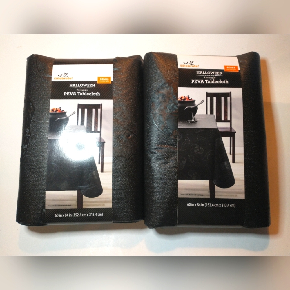 Halloween Black Tablecloth Gothic Skulls Bats 60x84 Inch Rectangle PEVA Lot Of 2